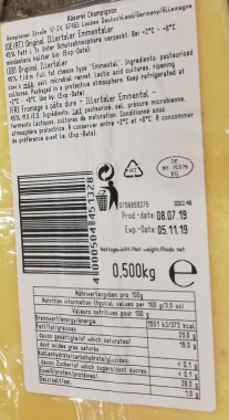 Illertaler Hartkäse (Emmentaler)45 % Fett 500 g Packung