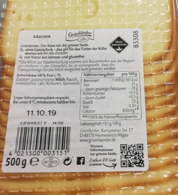Grnlnder Rucher halbfester Schnittkse, 48 % Fett i. Tr. 500 g Packung