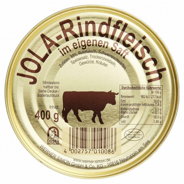 Jola-Rindfleisch im eigenen Saft mit Schweineschwarten 400gr Dose
